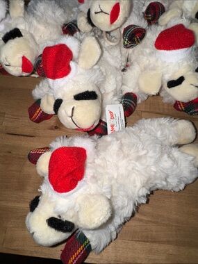 Lamb chop  Lamb Holiday Toy with Red Santa Hat - White